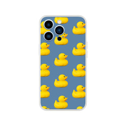 Blue rubber duck phone case with a repeating yellow duck pattern for iPhone 13-16