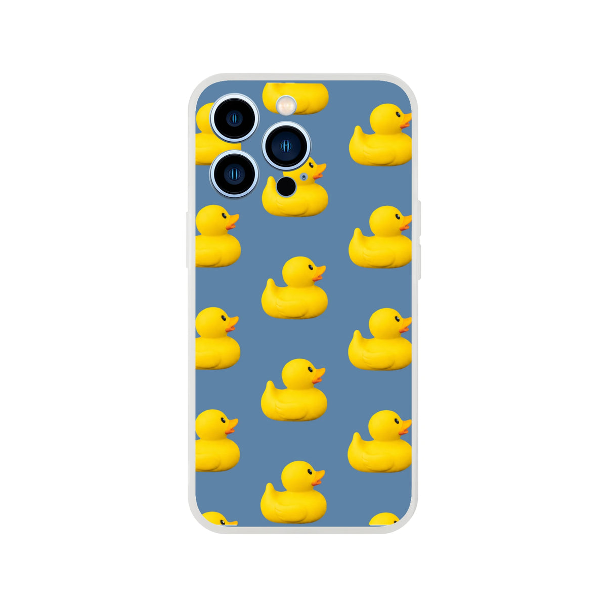 Blue rubber duck phone case with a repeating yellow duck pattern for iPhone 13-16