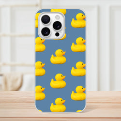 Blue rubber duck pattern iPhone case for iPhone 13-16 with yellow ducks on blue background, matte finish