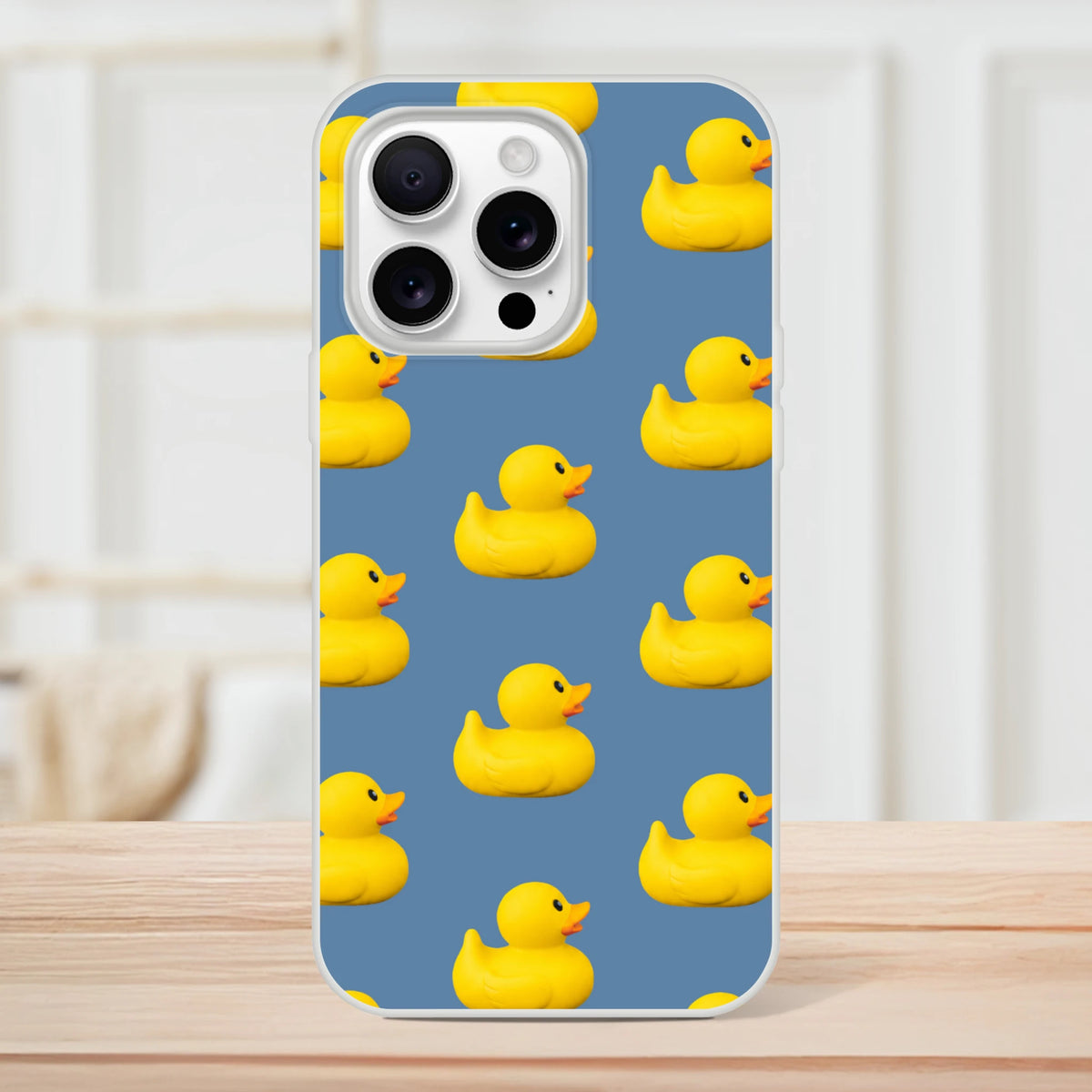 Blue rubber duck pattern iPhone case for iPhone 13-16 with yellow ducks on blue background, matte finish