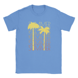 Blue women's T-shirt with yellow palm trees and stacked SUMMER text for retro vibes.