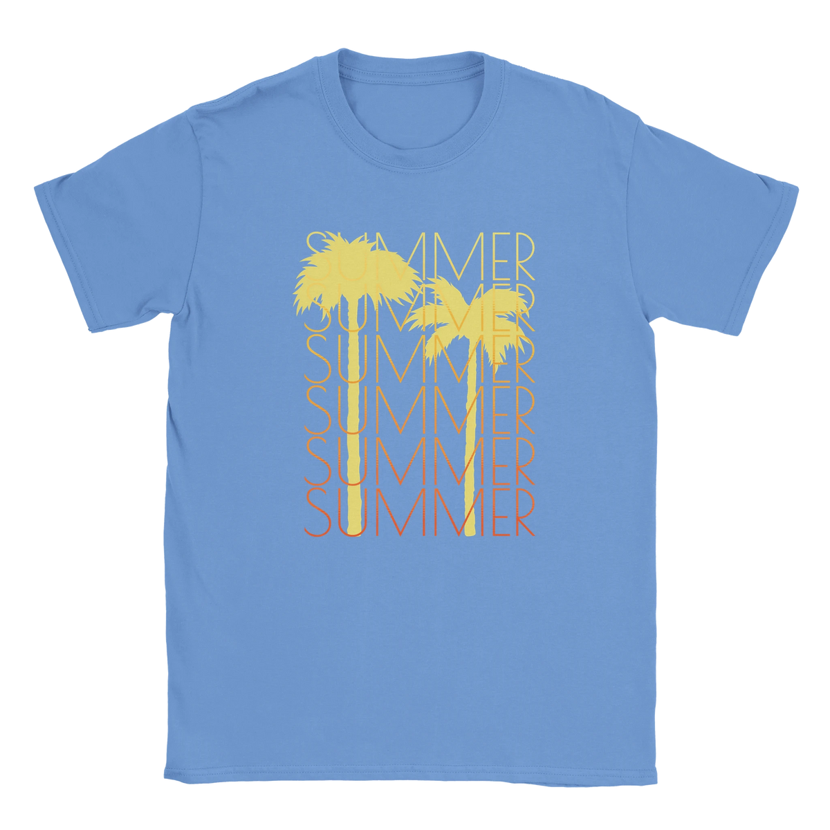 Blue women's T-shirt with yellow palm trees and stacked SUMMER text for retro vibes.