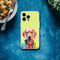 Funny dog iPhone case for iPhone 13-16, lime green with colorful dog illustration wearing sunglasses.