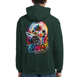 Dark green hoodie back featuring colorful modified car graphic with palm trees, sunset, and stylized Fitment text.
