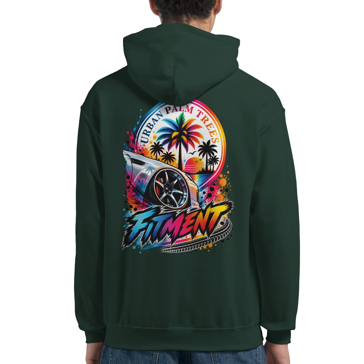 Dark green hoodie back featuring colorful modified car graphic with palm trees, sunset, and stylized Fitment text.