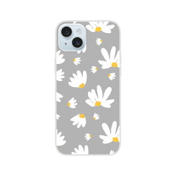 Ditsy Daisy iPhone case (13-16) with gray background and white daisies with yellow centers.