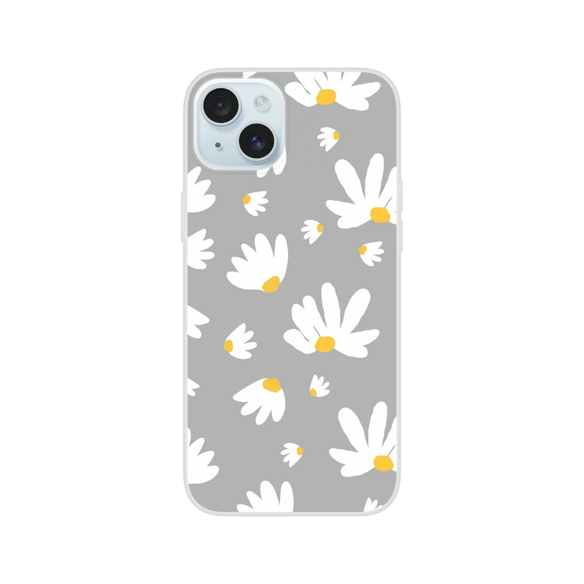 Ditsy Daisy iPhone case (13-16) with gray background and white daisies with yellow centers.