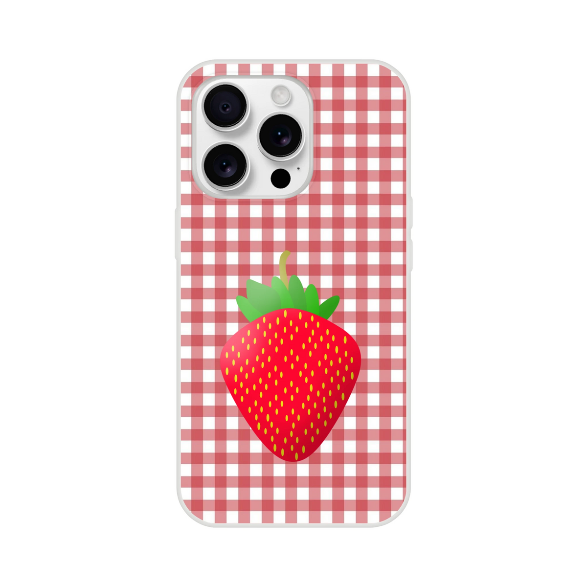 Cute strawberry gingham iPhone case for 13-16, pink aesthetic with a matte finish and strawberry print.