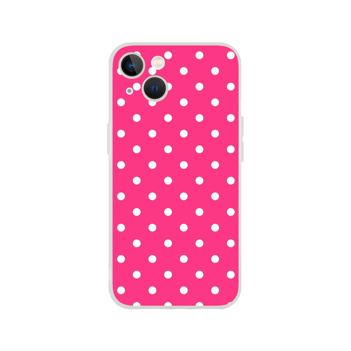 Retro hot pink iPhone case with white polka dots. Lightweight matte TPU shell provides shock absorption and a fingerprint-resistant finish for models 13-16.