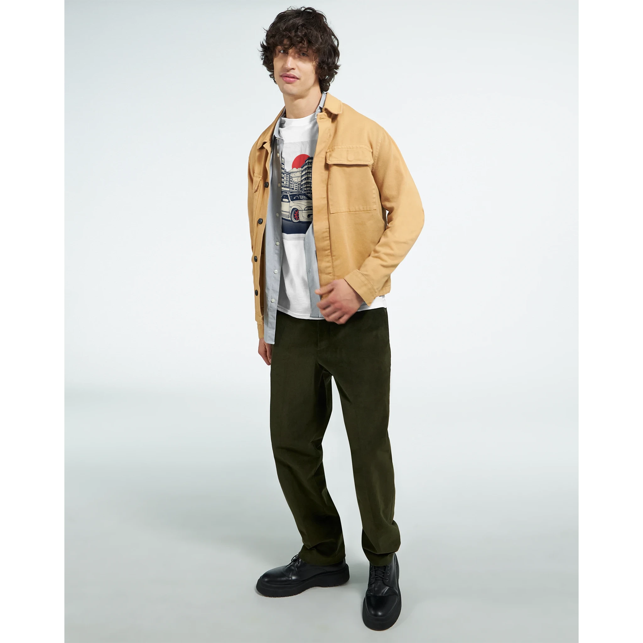 Car T Shirt - JDM Graphic T Shirt, Soft Cotton Comfort worn by male model in tan jacket and olive pants.