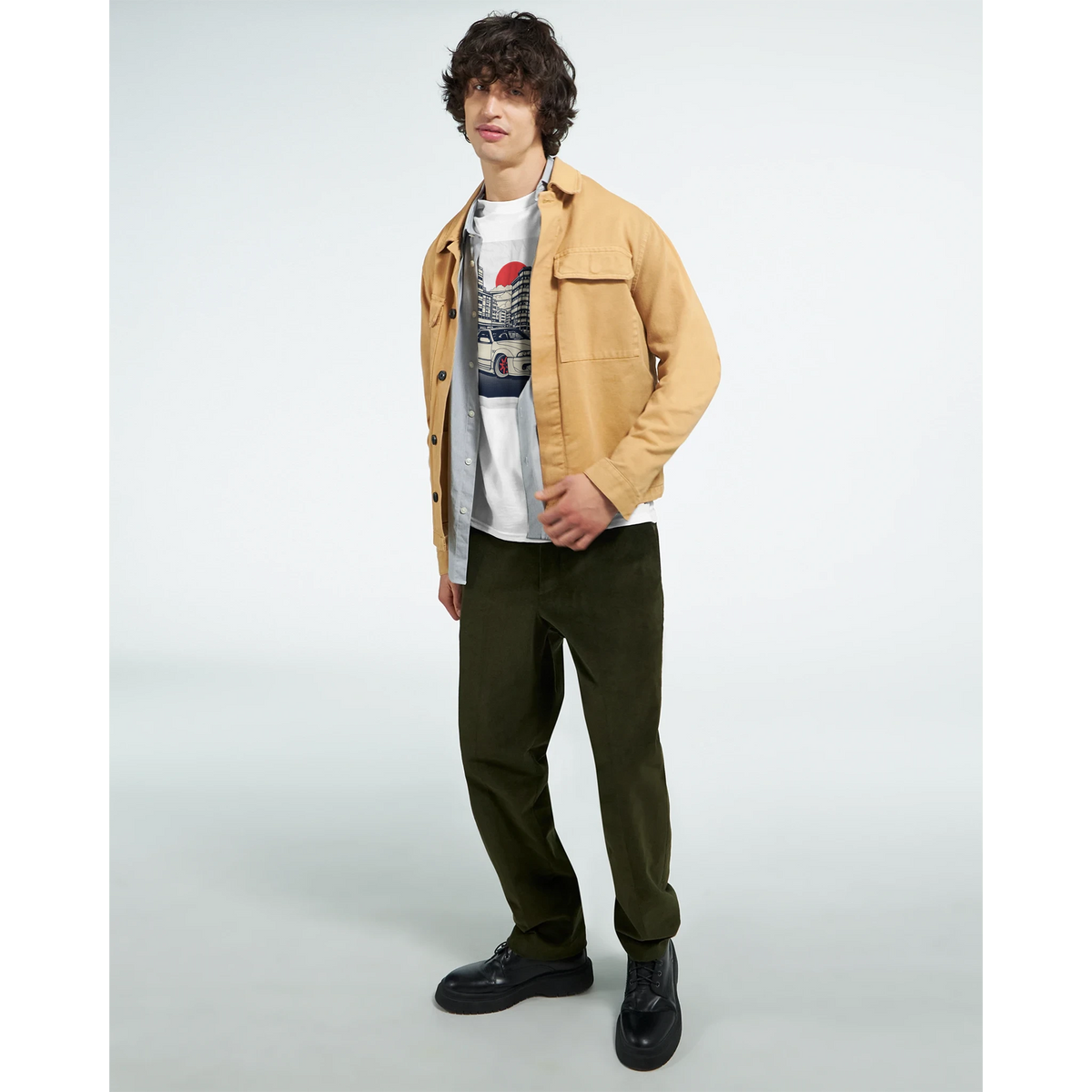 Car T Shirt - JDM Graphic T Shirt, Soft Cotton Comfort worn by male model in tan jacket and olive pants.
