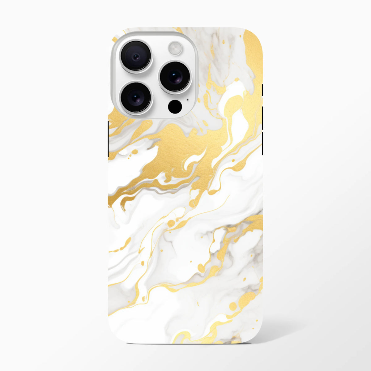 Luxury white and gold marble iPhone case with abstract fluid pattern, featuring a premium finish for a stylish phone cover.