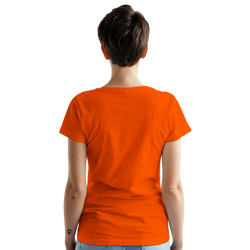 Cute Peach Gingham Graphic T-Shirt for Women - Summer Fruit Aesthetic Tee seen from back in an orange tee.