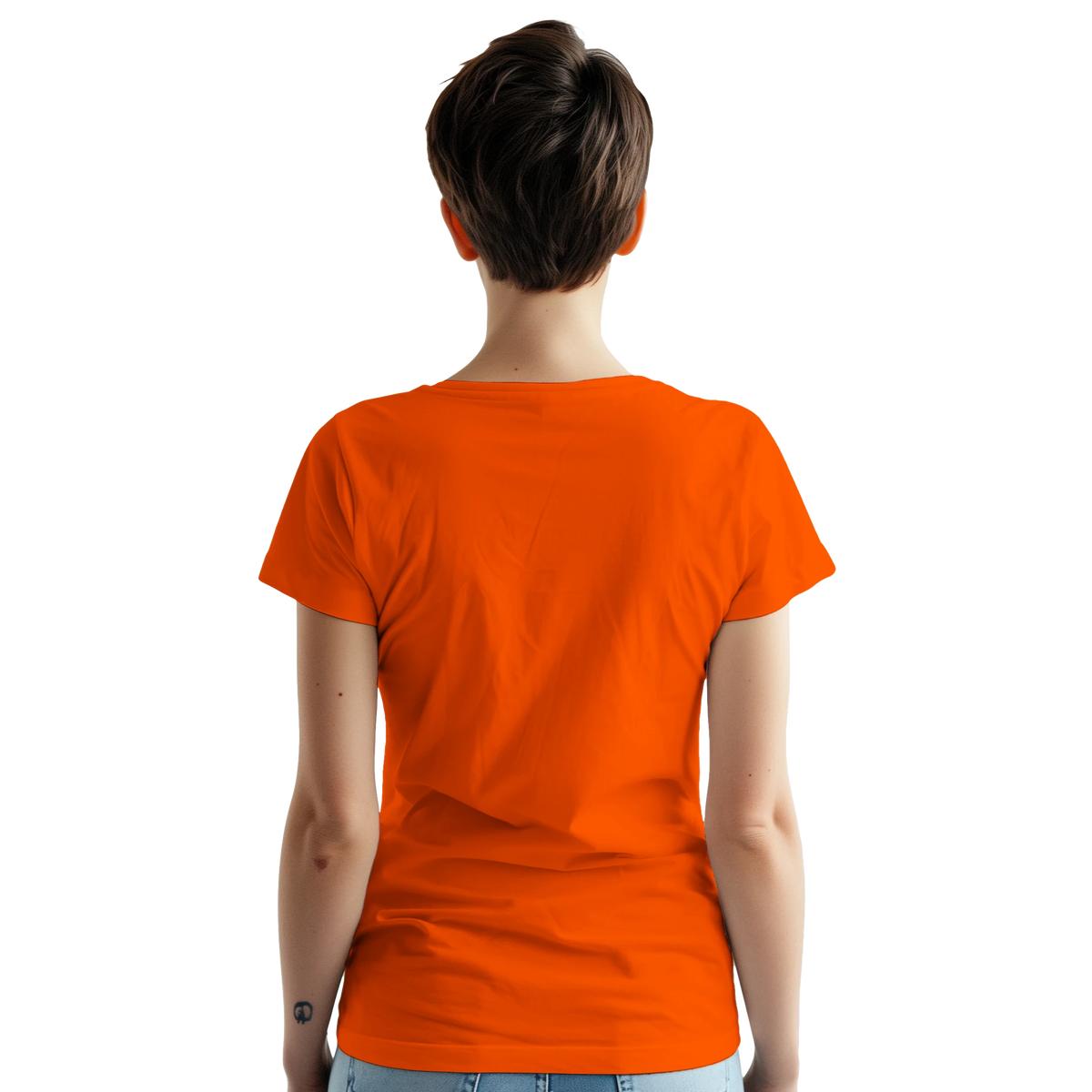 Cute Peach Gingham Graphic T-Shirt for Women - Summer Fruit Aesthetic Tee seen from back in an orange tee.