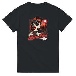 Retro Pop Art graphic tee: black tee featuring a woman with red bob, sunglasses, licking a lollipop, heart bubble.