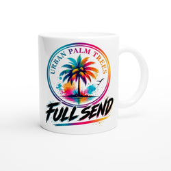 White mug featuring a colorful rainbow palm tree and "Urban Palm Trees" text above bold "Full Send" lettering.