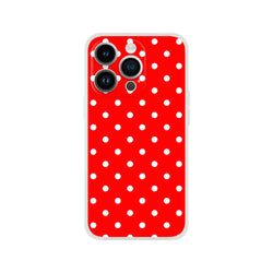 Red and white polka dot retro iPhone case with slim protective TPU shell for iPhone 13-16 models.