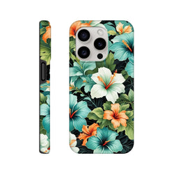 Tropical hibiscus floral iPhone case featuring teal, orange, and white flowers with shock-absorbing protection for iPhone 13-16.