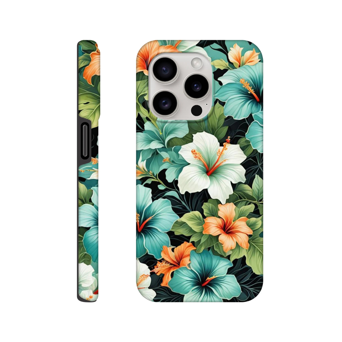 Tropical hibiscus floral iPhone case featuring teal, orange, and white flowers with shock-absorbing protection for iPhone 13-16.