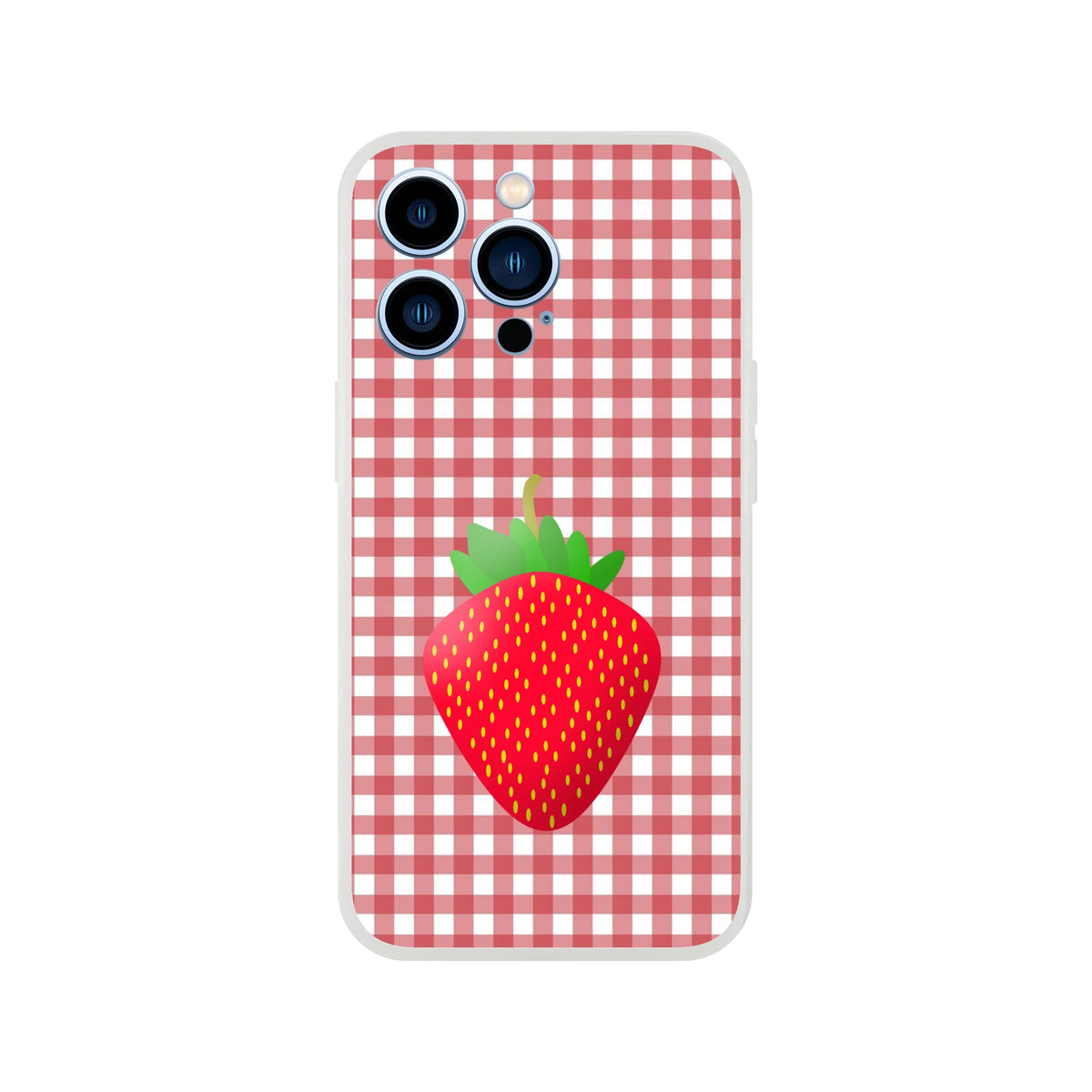 Cute strawberry gingham iPhone case for 13–16, pink aesthetic with a large strawberry graphic.