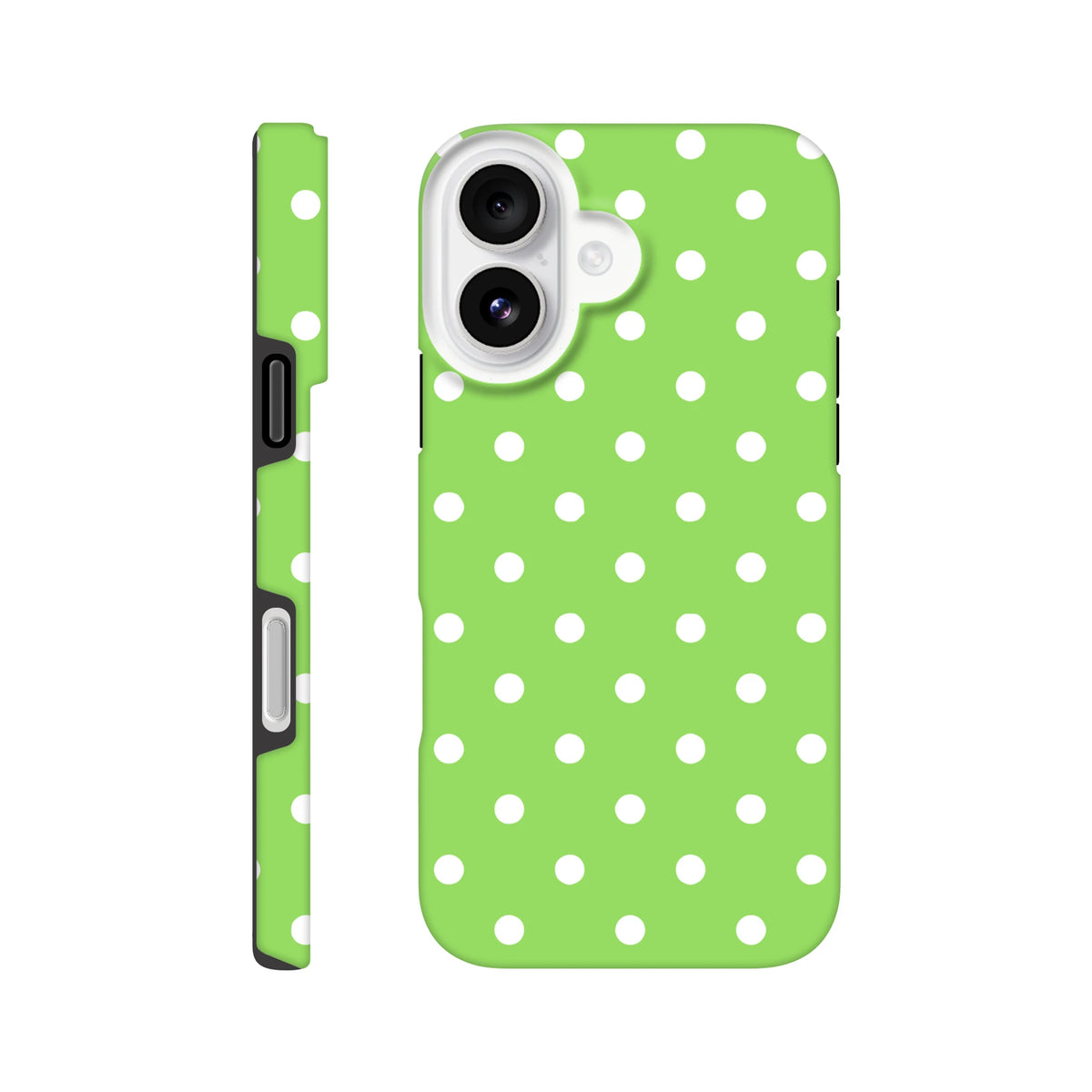 Green and white polka dot tough iPhone case with shock-absorbing TPU core and glossy edge protection for daily drop resistance.