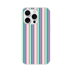 Pastel striped iPhone case for iPhone 13-16 with teal, pink, beige and gray vertical stripes.