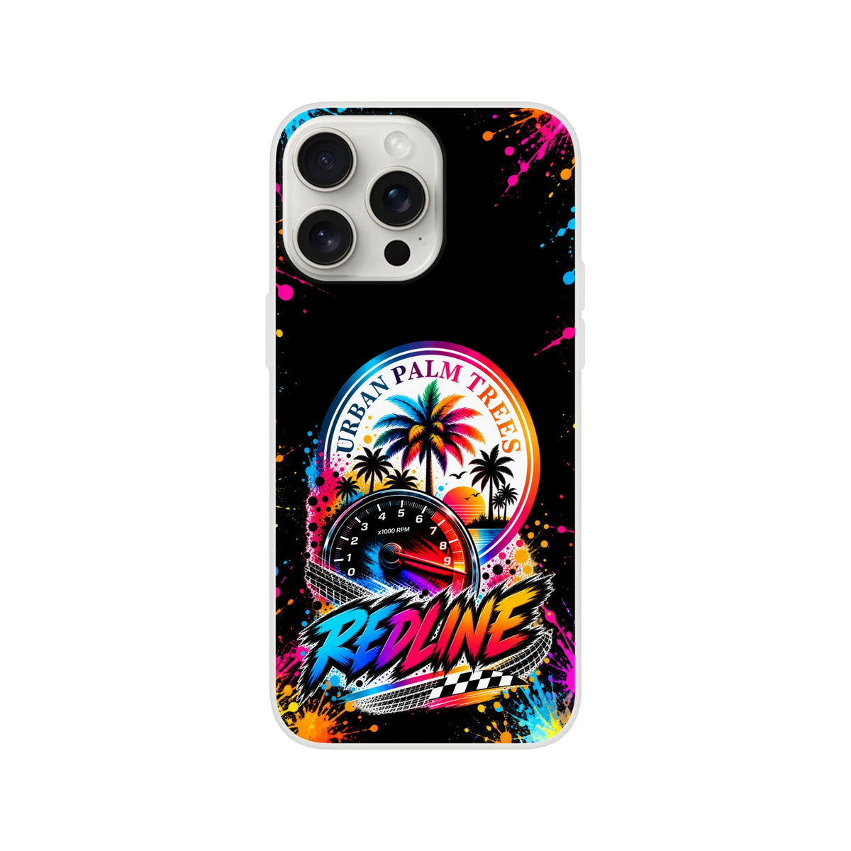 Redline car culture iPhone case featuring Urban Palm Trees speedometer graphic with colorful paint splatters and checkered flag design.