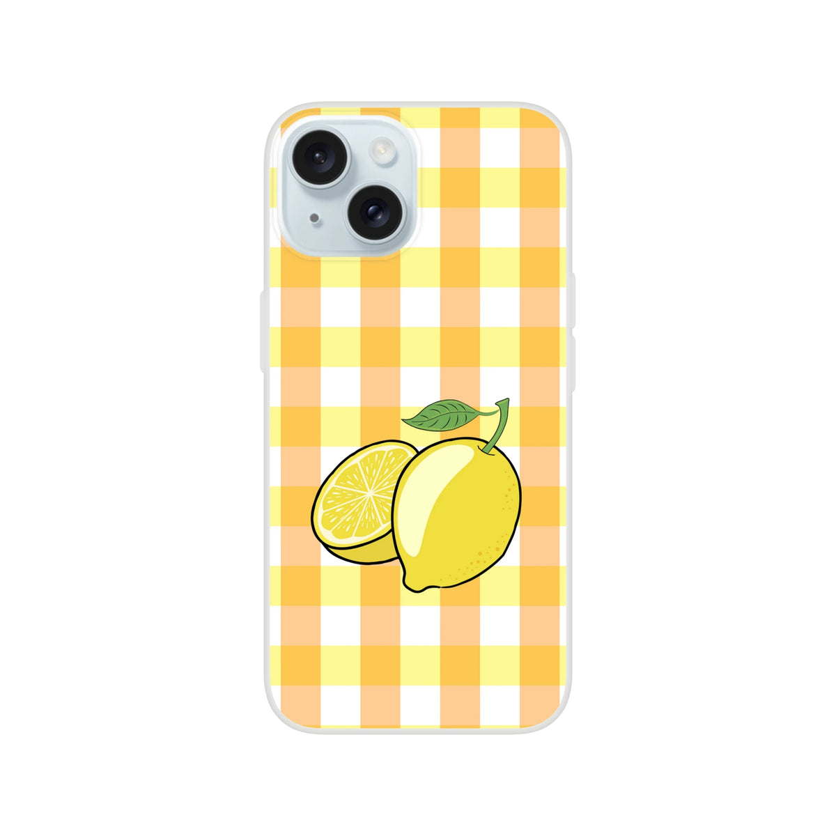 Yellow lemon-gingham iPhone case for 13-16, slim, flexible, matte finish with vibrant lemon print