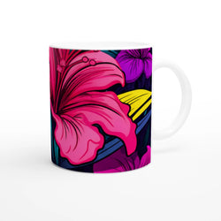 Colourful Tropical Hibiscus Mug with vibrant hibiscus blooms, Floral Hawaiian coffee cup.