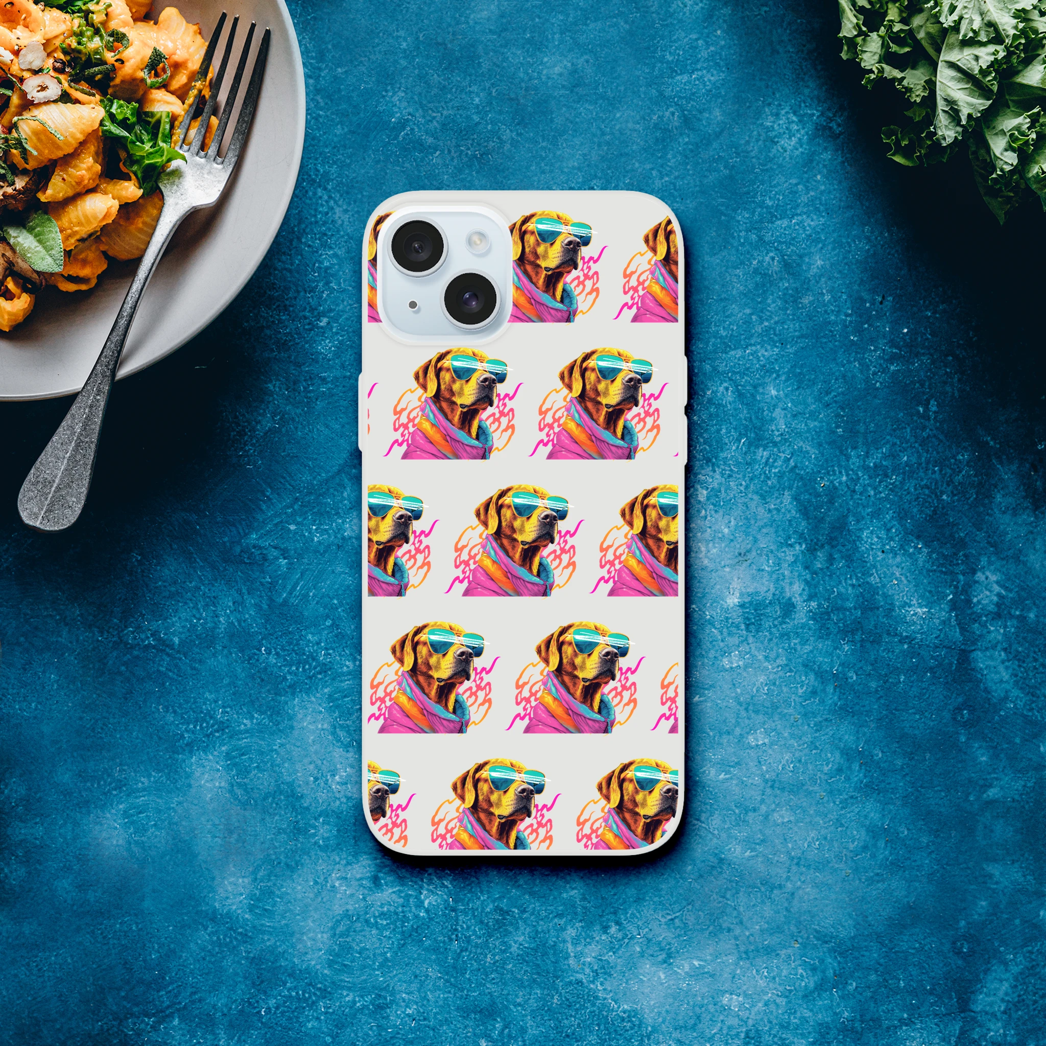 Slim clear protective iPhone case with a repeating colorful dog wearing sunglasses pattern for iPhone 13-16.