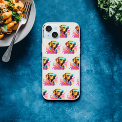 Slim clear protective iPhone case with a repeating colorful dog wearing sunglasses pattern for iPhone 13-16.