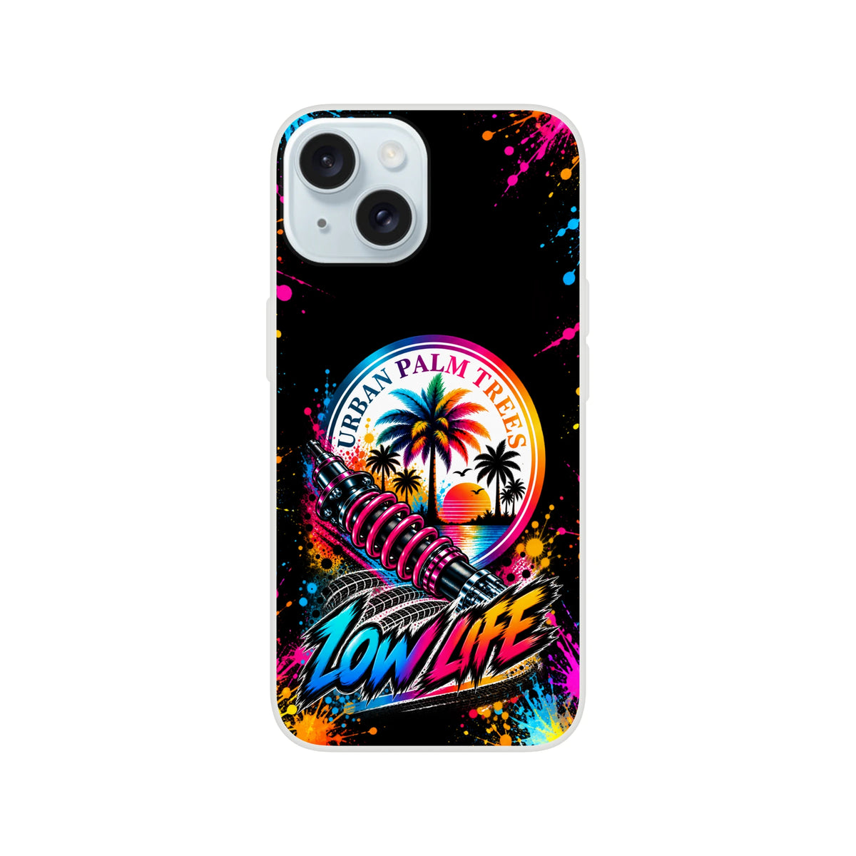Low Life car culture iPhone case featuring Urban Palm Trees sunset graphic, shock absorber art, and colorful paint splatters on black background.
