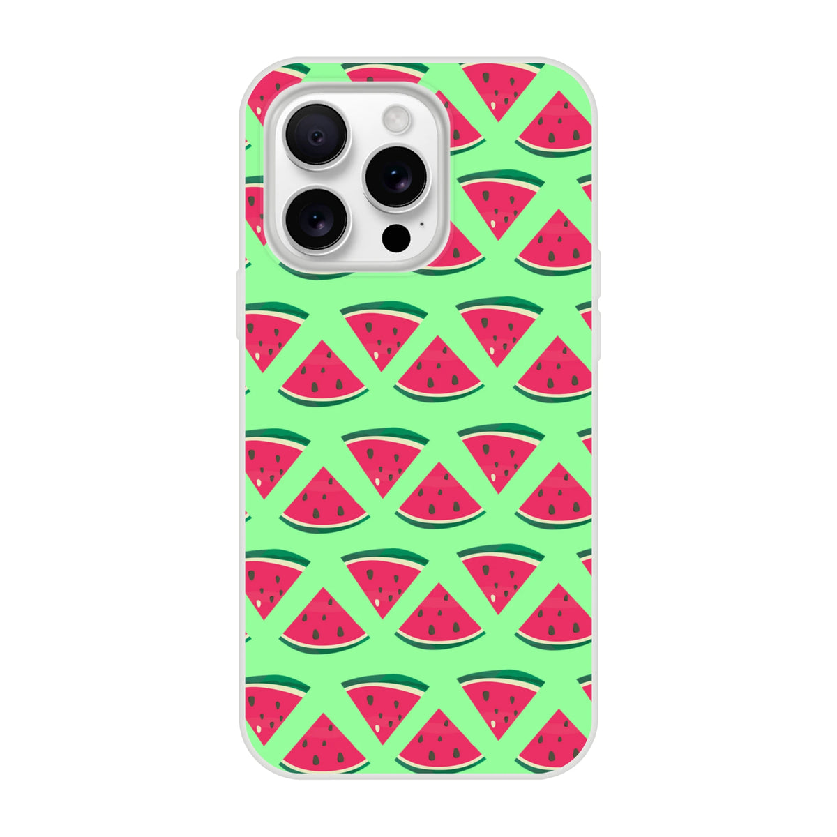 Cute summer watermelon pattern iPhone case with red slices on mint green background. Slim matte protective cover for city commutes.