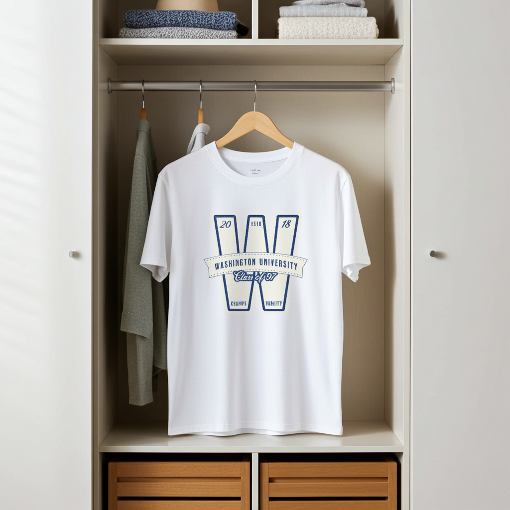 White t-shirt with a graphic design hanging in a closet