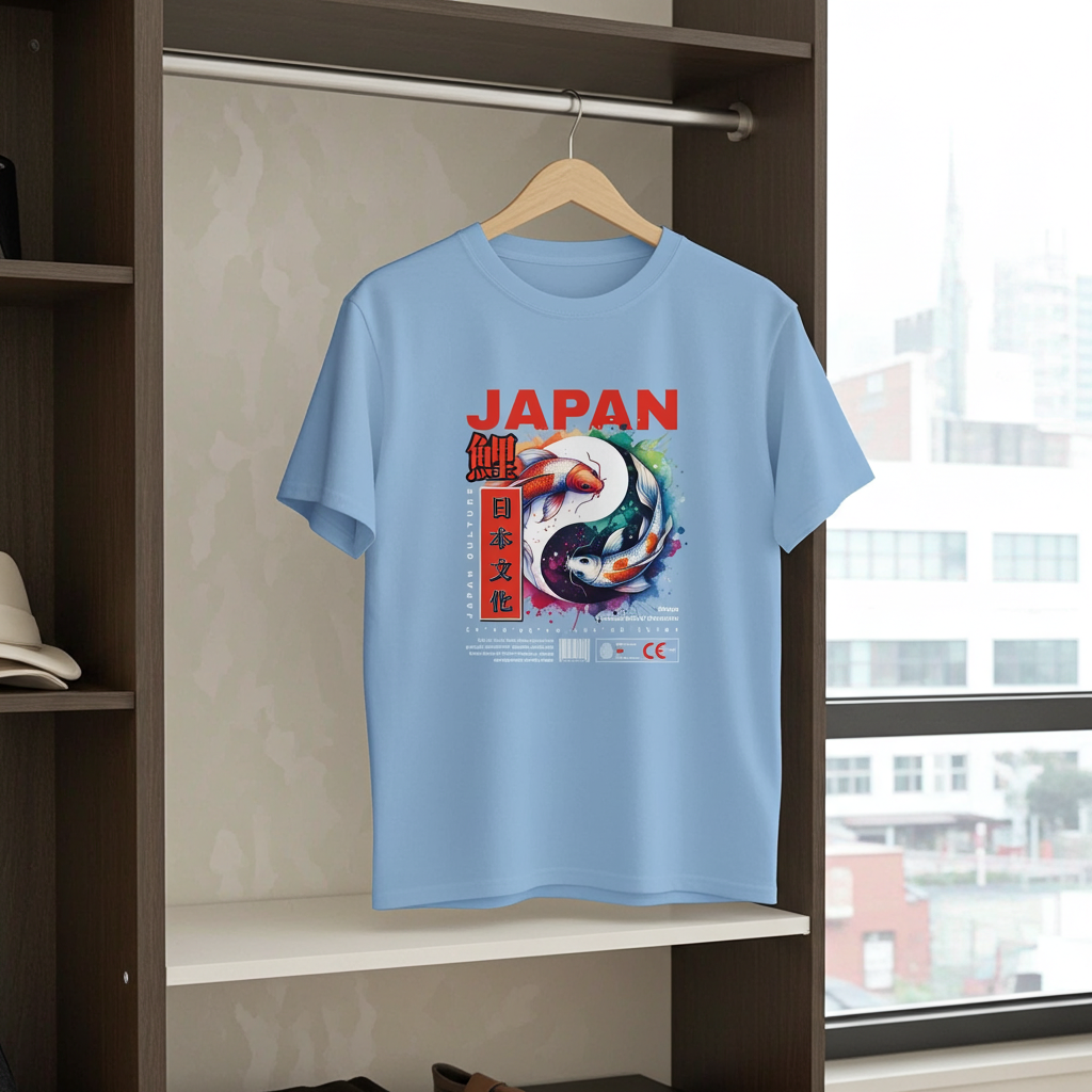 Light blue t-shirt with a colorful design and 'Japan' text on a hanger in front of a window.