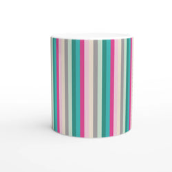 Pastel rainbow stripe ceramic mug, a cute colorful coffee cup with vertical pastel stripes.
