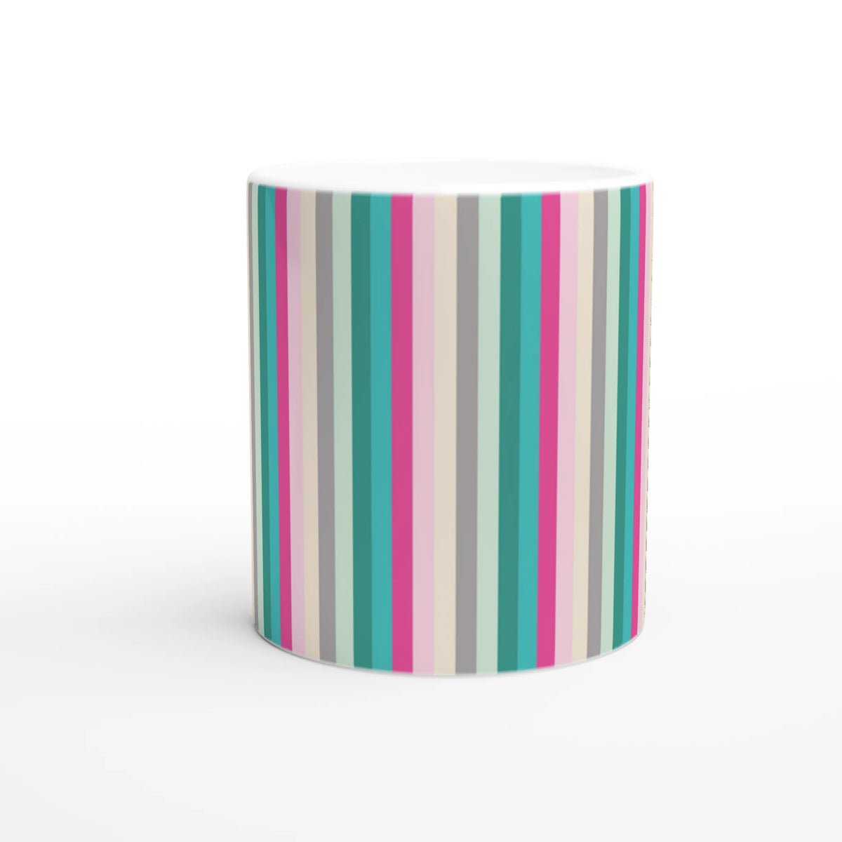Pastel rainbow stripe ceramic mug, a cute colorful coffee cup with vertical pastel stripes.