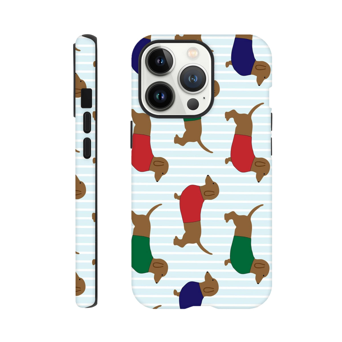 Playful dachshund phone case featuring sausage dogs in red, green, and blue sweaters on a light blue striped background.