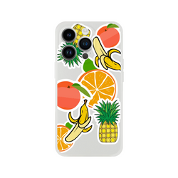 Transparent iPhone case featuring bold sticker-style graphics of oranges, bananas, pineapples, and peaches for a tropical streetwear look.