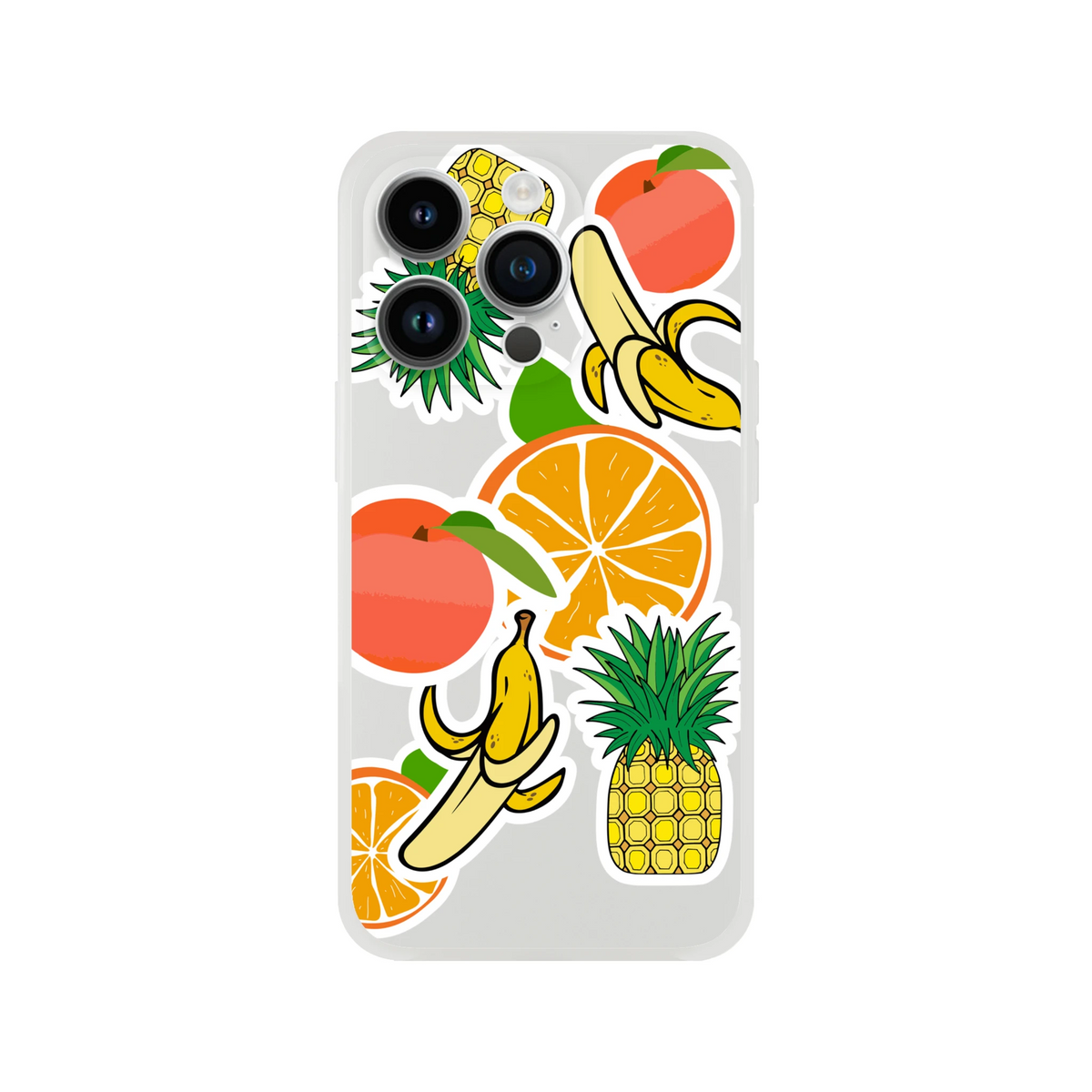 Transparent iPhone case featuring bold sticker-style graphics of oranges, bananas, pineapples, and peaches for a tropical streetwear look.