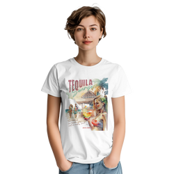 Retro Tequila Sunrise graphic tee for women featuring a tropical beach scene, palm trees, and cocktail art on a white festival shirt.