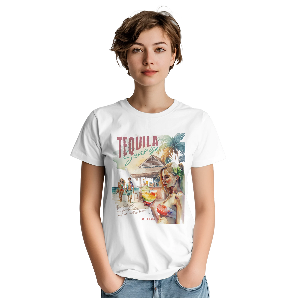 Retro Tequila Sunrise graphic tee for women featuring a tropical beach scene, palm trees, and cocktail art on a white festival shirt.