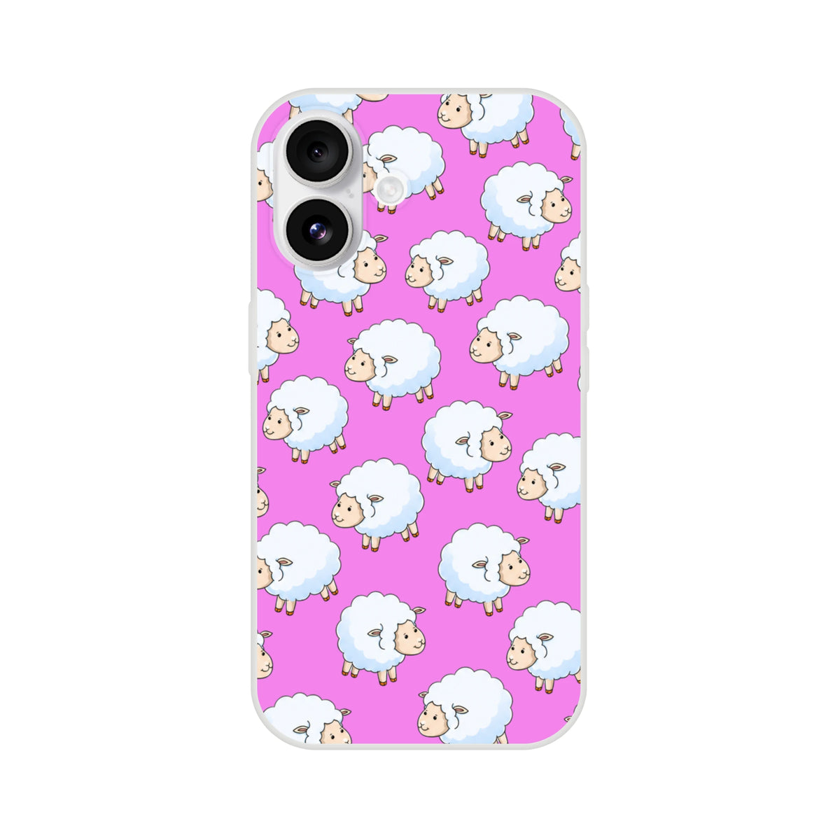 Pink iPhone 13-16 case with cute white sheep pattern; kawaii farm design.