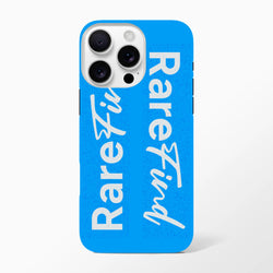Rare Find blue tough iPhone case with white vertical slogan text, featuring a speckled texture and streetwear aesthetic for iPhone 13-16.