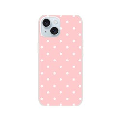 Retro pastel pink iPhone case with white polka dots. Lightweight matte TPU cover for drop protection on iPhone 13-16.