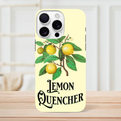 Vintage lemon tough iPhone case featuring retro botanical fruit illustration and "Lemon Quencher" text on a pale yellow background.
