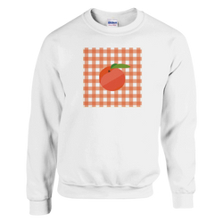 White sweatshirt with an orange gingham square and a peach graphic, retro-inspired women's jumper.