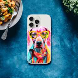 Slim protective iPhone case featuring a colorful dog wearing yellow glasses on a transparent shell.