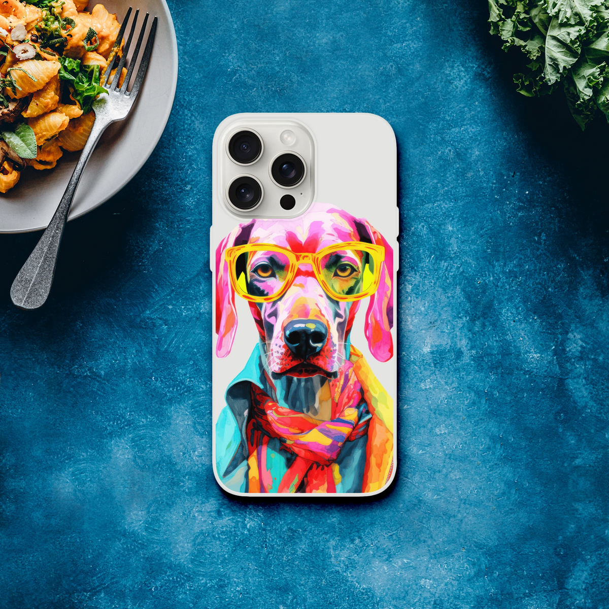 Slim protective iPhone case featuring a colorful dog wearing yellow glasses on a transparent shell.