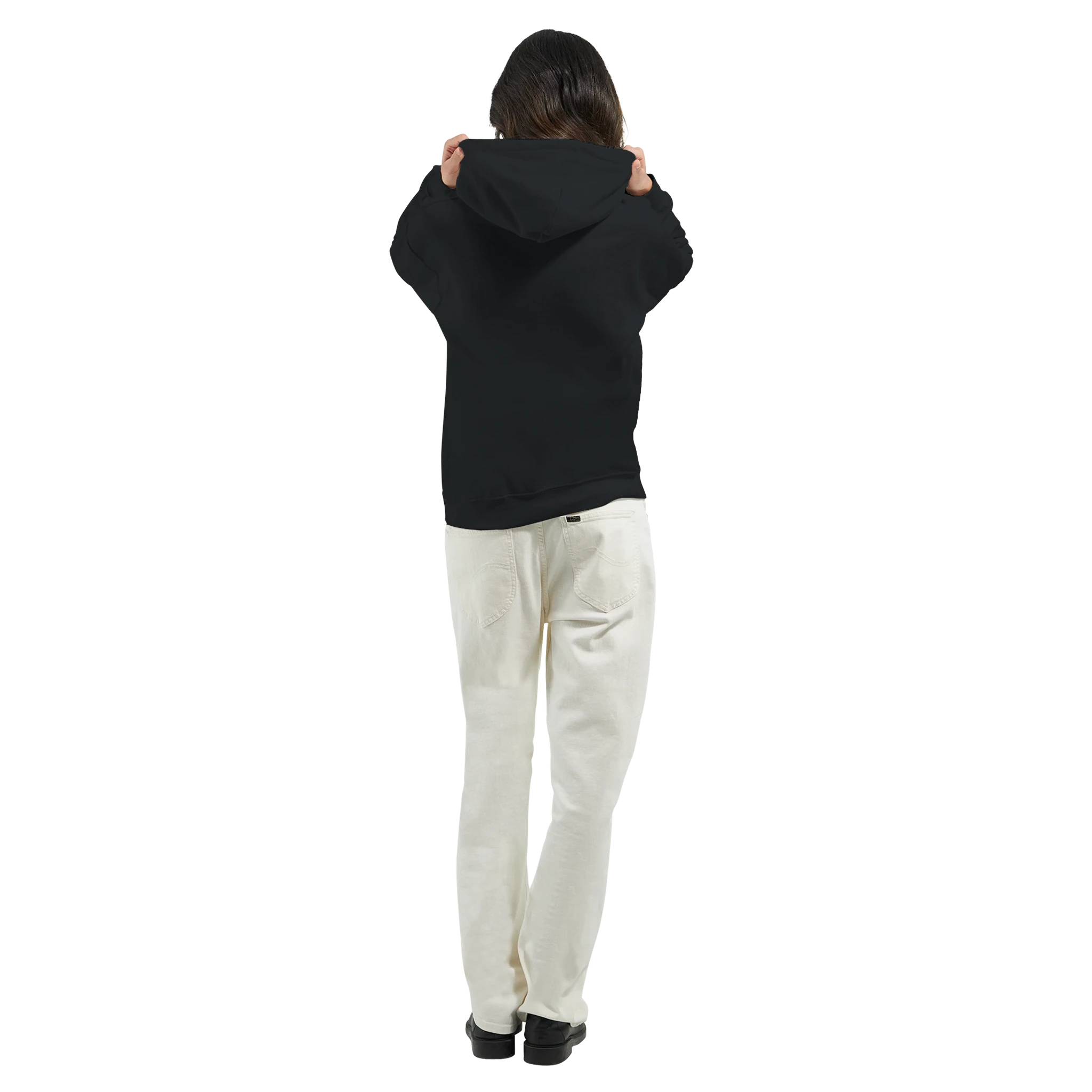Back view of a woman in a black cotton-blend jumper hoodie with a double-lined hood, drawstring, and front pocket.